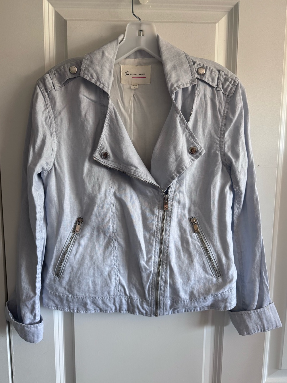 Two by Vince Camuto Light Blue 100% linen Moto Jacket